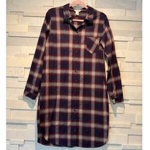 GARNET HILL 100% Organic Pima Cotton Plaid Flannel Shirt Dress 10 Navy Wine Gray